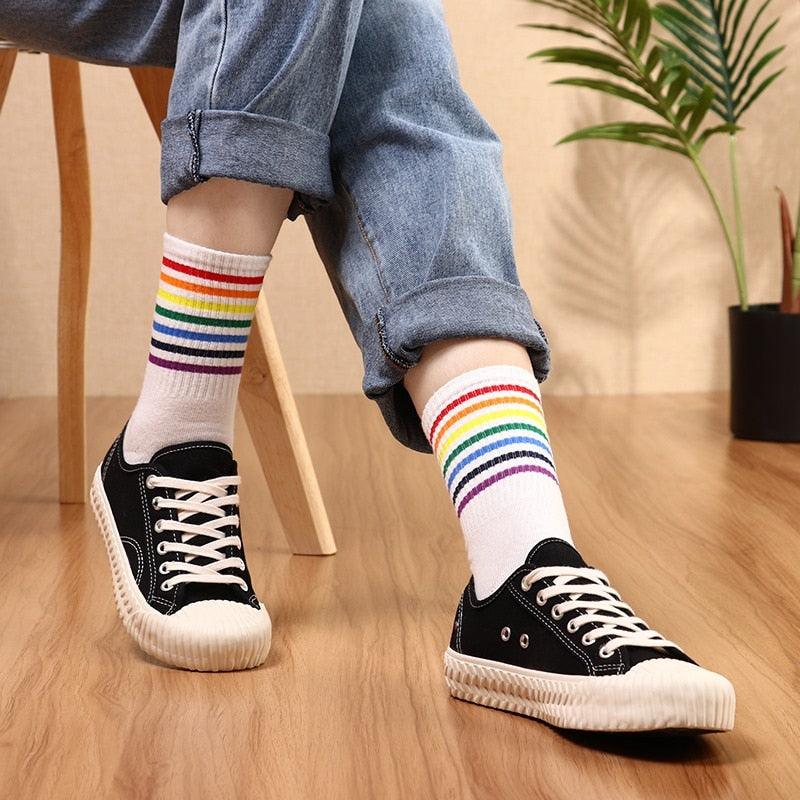 Fashion Socks Cotton Rainbow Color Black And White Christmas Gift Classic Warm Casual Tide Harajuku Funny Cute Pop Korean Socks Short Socks For Men And Women