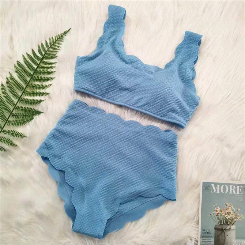 Women Solid Swimwear Female Bathing Suit Scalloped High Waist Bikini Set Two Pieces Women's Solid Color Lace-up High Waist Scoop Collar Padded Bathing Suit