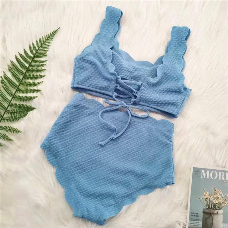 Women Solid Swimwear Female Bathing Suit Scalloped High Waist Bikini Set Two Pieces Women's Solid Color Lace-up High Waist Scoop Collar Padded Bathing Suit