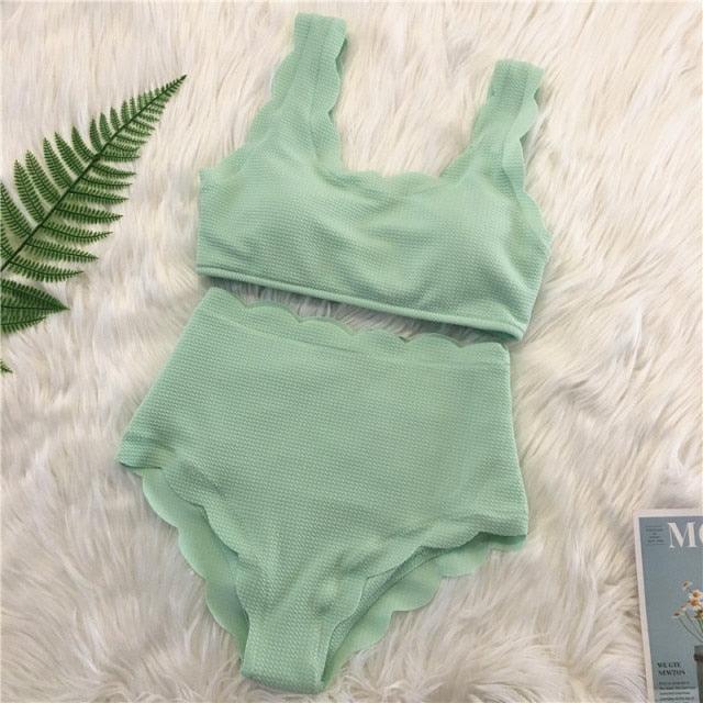 Women Solid Swimwear Female Bathing Suit Scalloped High Waist Bikini Set Two Pieces Women's Solid Color Lace-up High Waist Scoop Collar Padded Bathing Suit