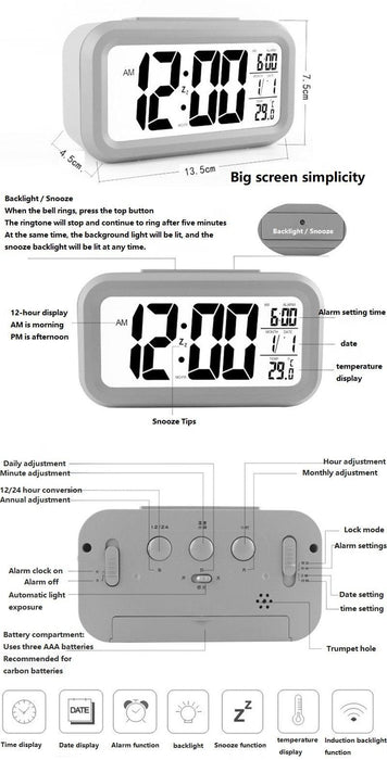 Digital Alarm Clock Voice Alarm Clock Intelligent Smart Timer Creative Students Mute LED Electronic Warning Machinery Gifts Battery Operated LCD Electronic Clock for Bedroom Home Kitchen Office Outdoor