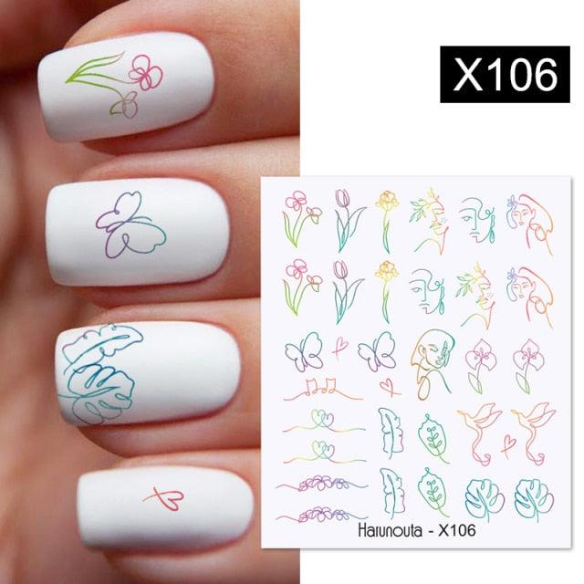 Black Lines Flower Leaves Water Decals Stickers Floral Face Marble Pattern Slider For Nails Summer Nail Art Decoration Summer Stickers on Nails Simple Summer Slider for Manicure Nail Art Watermark Manicure Decor