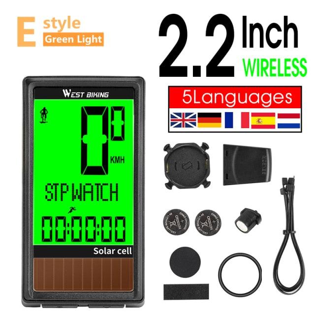 LED Waterproof Bicycle Computer Wireless 5 Language Cycling Bike Odometer Stopwatch Speedometer With Solar Energy Bicycle Odometer Wireless Waterproof Cycling Computer LCD Backlight Display