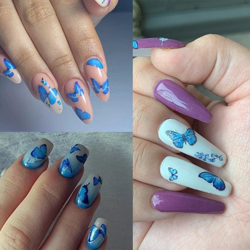 Blue Butterfly 3D Nail Stickers Flowers Leaves Self Adhesive Transfer Sliders Wraps Manicures Foils Decorations Decoration Tattoo Manicure Transfer Nail Decals Flowers Butterfly Designs Nails Supply Manicure Tips Design Nail Decoration