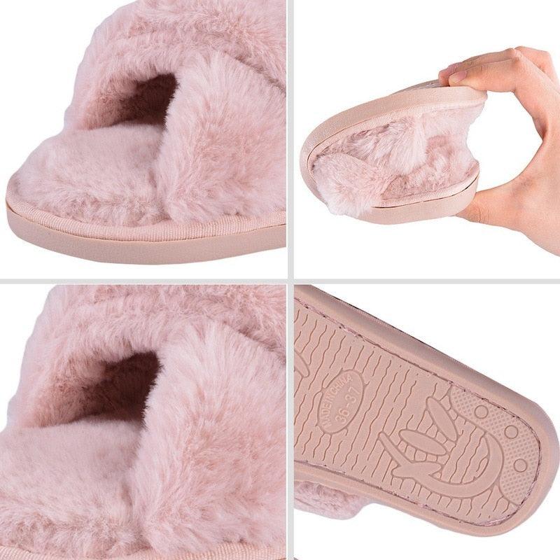 Warm Fluffy Slippers Women Faux Fur Slipper Indoor Floor Slides Flat Soft Furry House Warm Comfortable Fuzzy Furry Bedroom Slippers Indoor Cozy Memory Foam Anti-Slip Flip Flops