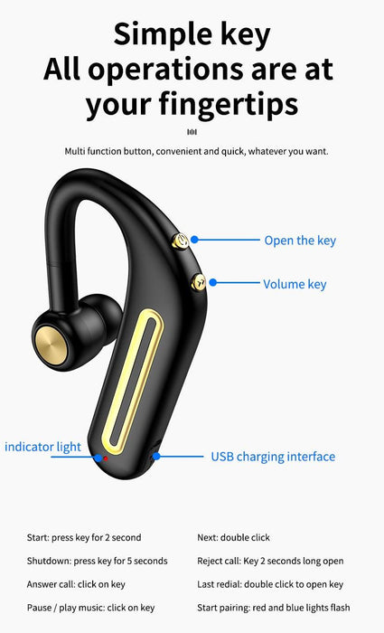 Business Bluetooth Hands-free Earphone Comfortable Single Ear Wireless Headset Waterproof Sport Earbuds 48 Working Time Wireless HD Call Headphone Bluetooth 5.0 Earbuds Noise Isolating Clear Calls Sweat Resistance Lightweight HiFi Headphone