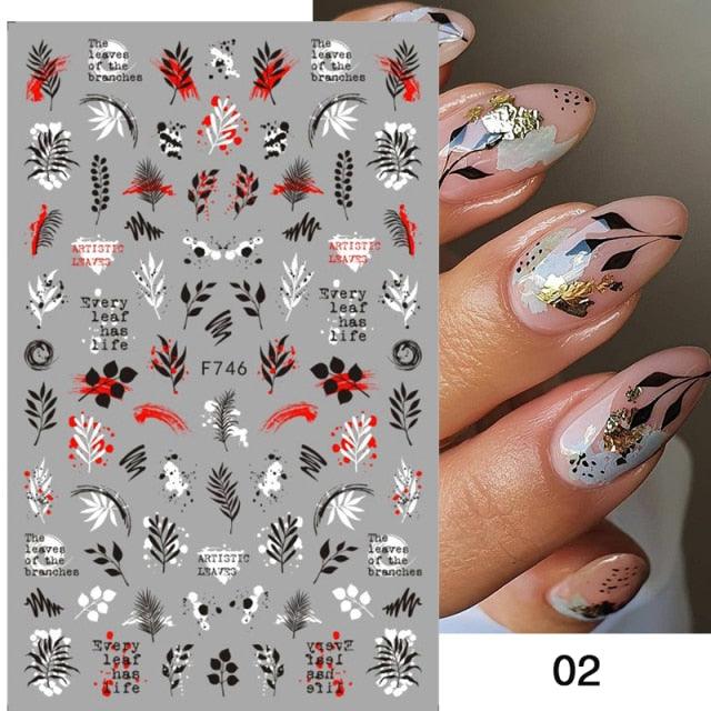 Spring Abtract Stripe Lines Flower Leaves 3D Nail Sticker Black White Butterfly Transfer Decals Slider Nail Art Decoration Decals Sticker For Pretty Girl Self-Adhesive Nail Decals Designer Nail Stickers for Acrylic Nail Art Decals Water Transfer Nail