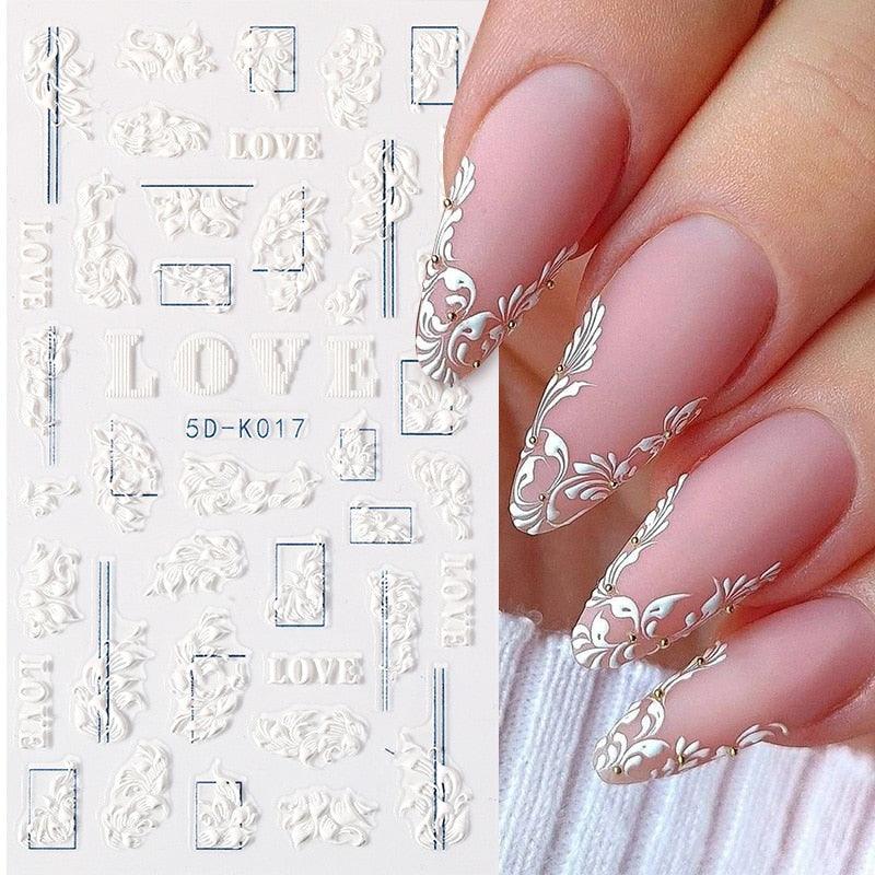 White Embossed Flower Lace Sticker Decal Wedding Nail Art Designs Floral Butterfly Japanese Manicures Nail Decoration Metallic Curve Strip Line Nail Decal Self-Adhesive 3D Wave Design Decoration for Women Girls Adhesive Striping Tape Nail Art Stickers