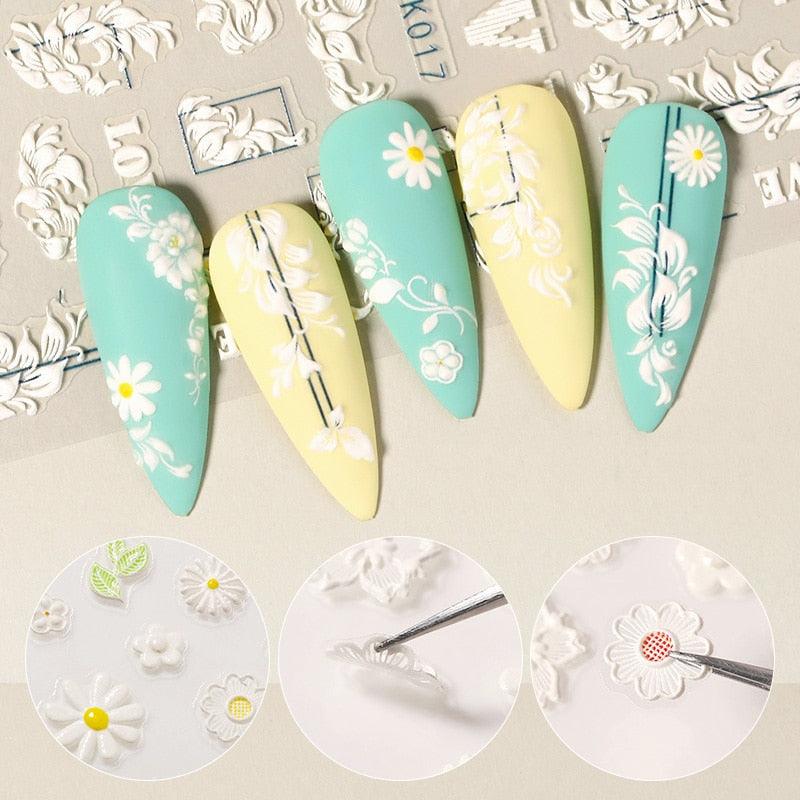 White Embossed Flower Lace Sticker Decal Wedding Nail Art Designs Floral Butterfly Japanese Manicures Nail Decoration Metallic Curve Strip Line Nail Decal Self-Adhesive 3D Wave Design Decoration for Women Girls Adhesive Striping Tape Nail Art Stickers