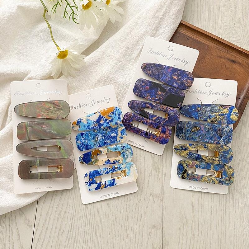 2PCS/Set Fashion WomenElegant Acrylic Geometric Hairpin Sweet Girl Hair Clip Marble Textured Barrettes Headband Gorgeous Hair Accessories For Women