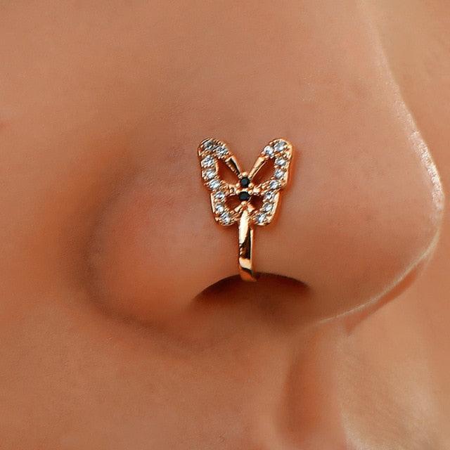 1Pc Crystal Butterfly Fake Nose Ring Non Piercing Clip On Nose Ring Indian Style Nose Cuff Fake Piercing Septum Goth Butterfly Copper Wire Spiral Fake Piercing Nose Ring Punk Gold Color Clip Nose Ring Jewelry Fake Piercings Gold Fake Nose Ring for Women