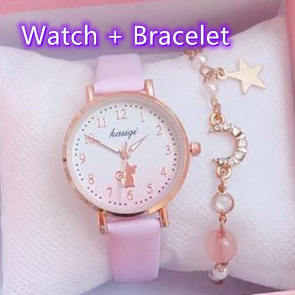 Fashion Set Bracelet Watch Leather Strap Watch Cute Cat Dial Girl Watch Children Quartz Watch Couple Watch Gift Set Valentines Romantic Lovers Watch For Man Woman Leather Strap