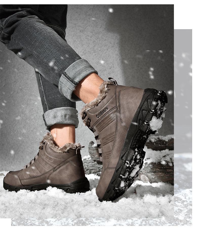 Mens Ankle Snow Boots Winter Fur Warm Leather Outdoor Walking Mountain Climbing Waterproof Snow Boots Outdoor Warm Non Slip Fur Lined Ankle Boots Leather Winter Shoes