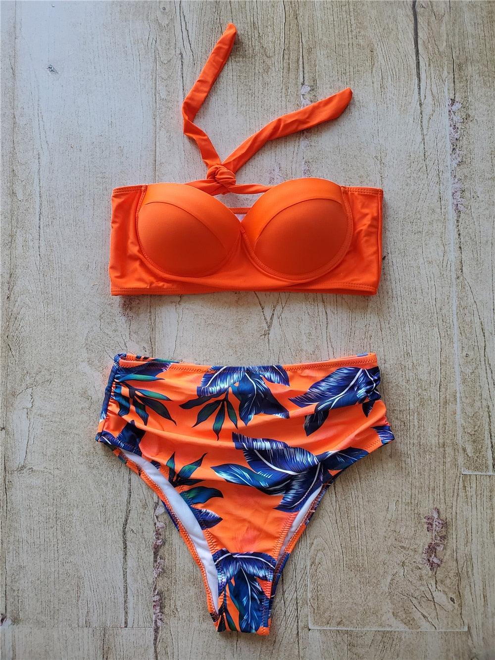 Leaf Floral Bikini Set Women Backless High-Waist Two Pieces Swimwear Beach Bathing Suits Swimsuits Women's Ruffle Bandage Bikini High Waist Bottoms Two Piece Swimsuits