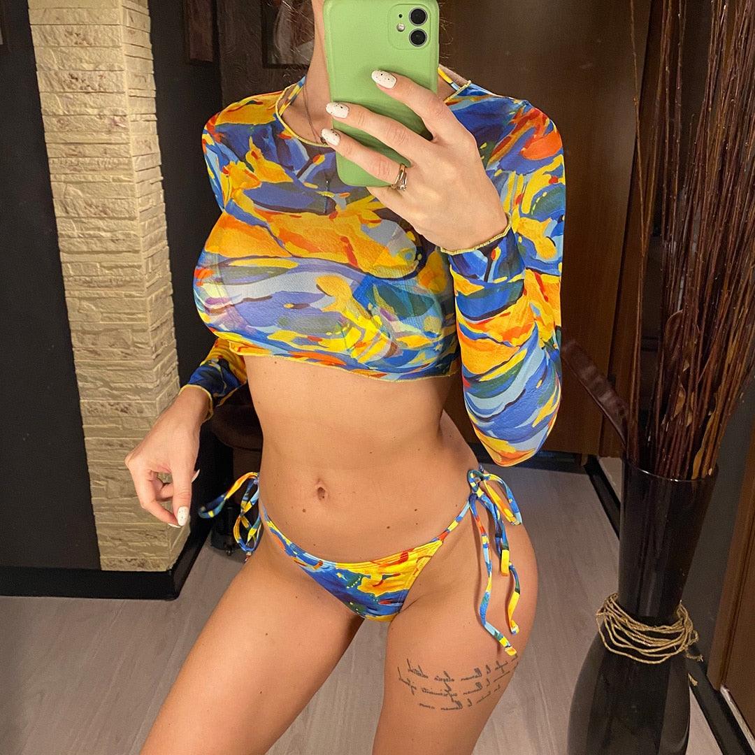 Vintage Halter Printed Leopard Bikini Female Lace Up Bottom Swimsuit Women Swimwear Long Sleeve Bathing Suits Leopard Print Swimsuit Three-pieces Bikini Set Long Sleeve Bathing Suit Cute Swimwear