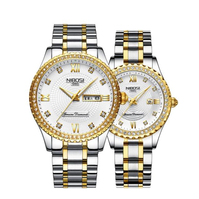 Business Black Couple Watches Top Luxury Mens Watches Auto Date Quartz Wristwatch Gold Watch Men Diamond Stainless Steel Waterproof Luminous Business Casual Luxury Watch For Men