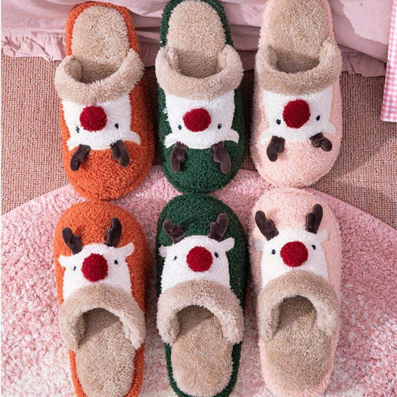 Cotton Slippers Winter Cute Couple Soft Bottom Indoor Non-slip Home Furry Shoes Christmas Deer Slippers Plush Fluffy Memory Foam Slip On House Slippers Cozy Warm Winter House Shoes Soft Comfy Anti-Skid Slippers