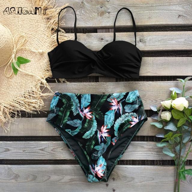 Bikini Swimsuit Women Swimwear Push Up Bikinis Set Leaf Print Female High Waist Swimming Suits For Bathing Suit Women Swimsuit Floral Print Bathing Suit Twist Front High Waist Bikini Set