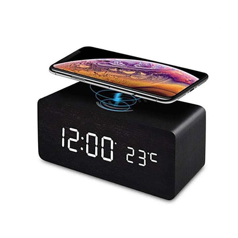 USB/AAA Powered LED Digital Clock Wooden Alarm Clock Table Clock Wooden Digital Alarm Clock with Wireless Charging 3 Alarms LED Display Sound Control and Snooze Dual for Bedroom Bedside Office Voice Control Electronic Clock Desktop Decor