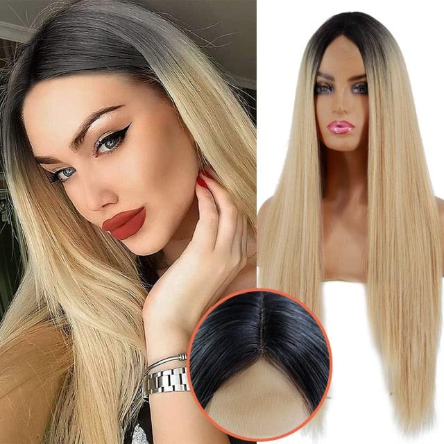 Long Straight Synthetic Black Wig Mixed Brown and Blonde Long Wig For Black Women Middle Part Nature Wigs For Black Women Cosplay Wigs For Women