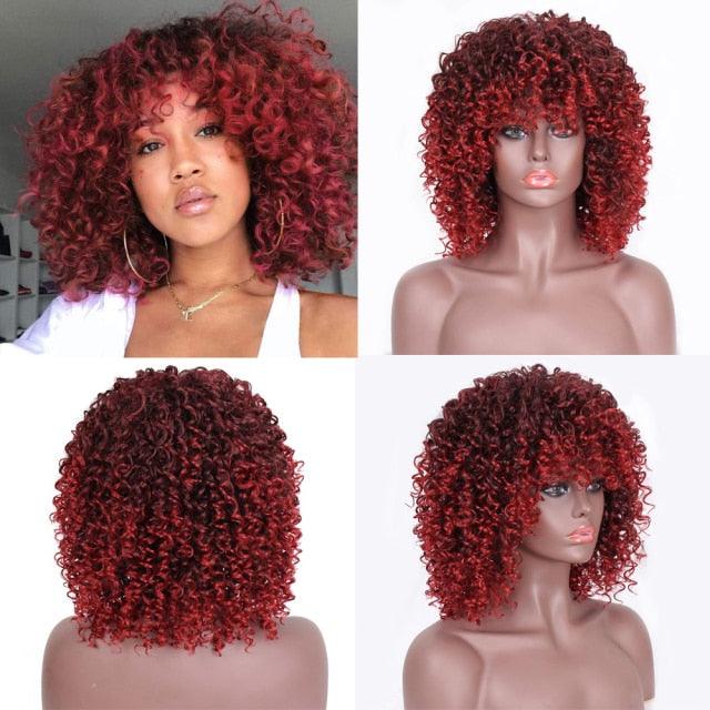 Glorious Afro Wigs Short Kinky Curly Wig Synthetic Short Bob Wig With Bangs Mixed Highlight Wig for Black Women Cosplay Wigs For Black Women Gifts for Girlfriends