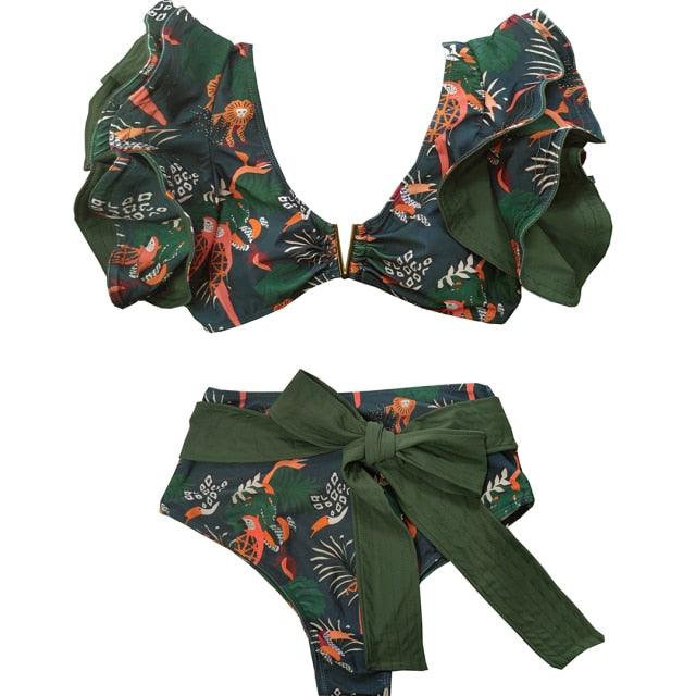 Two-Pieces Women Floral Push-Up Padded Bra Ruffles Bikini Set Swimsuit Swimwear Bathing Suit Beachwear Floral Printed Swimsuit Knotted String Triangle Bikini Tie Side High Cut Cheeky Bikini Set