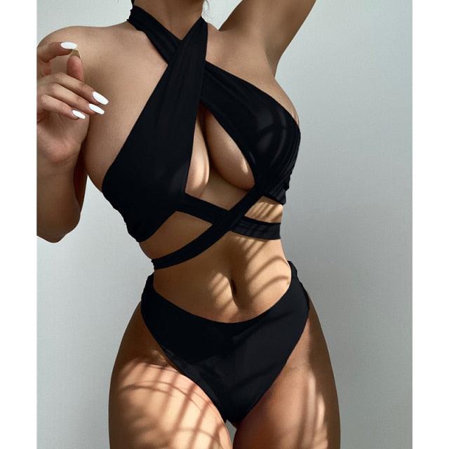 Halter Hollow Cross Bikinis Set Swimsuit Women's New Solid Two-Piece Swimwear Two Piece Swimsuit Halter Crisscross Cut Out Bikini Wrap Top with High Waist  Bottom Beach Swimwear Summer Beachwear Woman Bath Bathing Suit