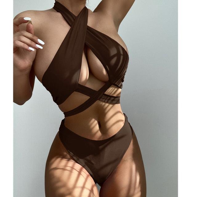 Halter Hollow Cross Bikinis Set Swimsuit Women's New Solid Two-Piece Swimwear Two Piece Swimsuit Halter Crisscross Cut Out Bikini Wrap Top with High Waist  Bottom Beach Swimwear Summer Beachwear Woman Bath Bathing Suit