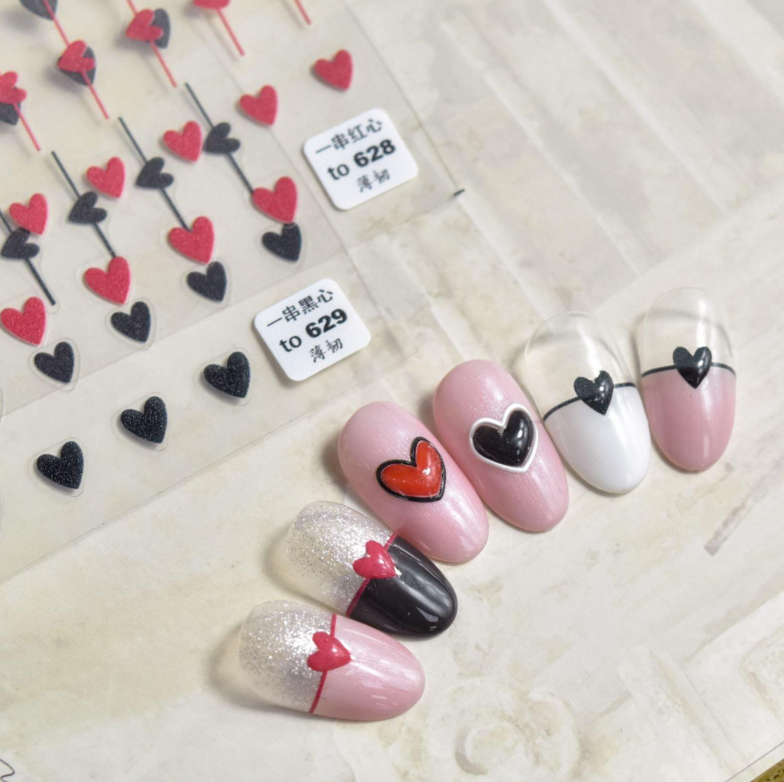 Bubble Cute Black Red Hearts Nail Stickers Nail Art Decorations Nail Decals Design Self-Adhesive 3D Wave Design Decoration for Women Girls Adhesive Striping Tape Nail Art Stickers