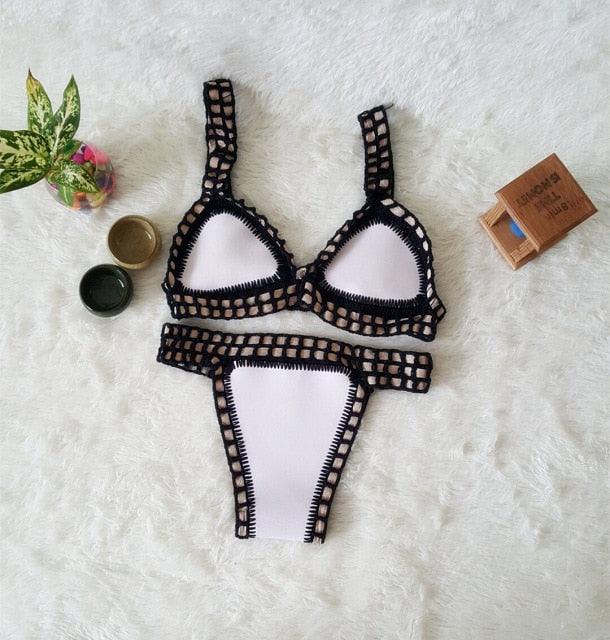 Handmade Women Bikini Crochet Knit Swimwear Halter Patchwork Bathing Suit Women's Swimsuit Strappy Side 2 Piece Bikini Set Triangle Beach Swimwear