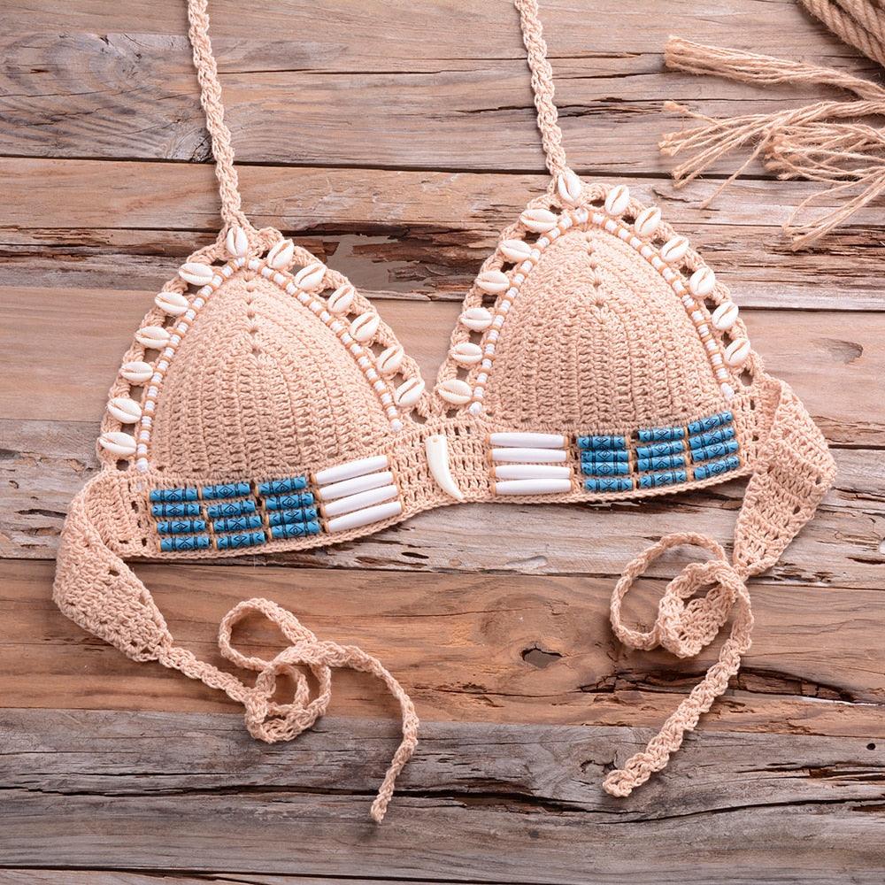 Vintage Blue Bikinis 2 Piece Halter Bikini Set Women High Waist Sequin Swimsuit  Set Handmade Crochet High Quality Swimsuit Women Push Up Swimwear Knitted Beach Wear Bathing Suit