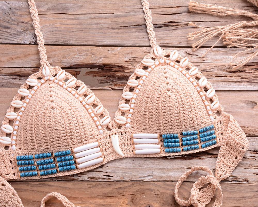 Vintage Blue Bikinis 2 Piece Halter Bikini Set Women High Waist Sequin Swimsuit  Set Handmade Crochet High Quality Swimsuit Women Push Up Swimwear Knitted Beach Wear Bathing Suit