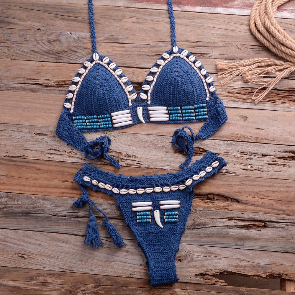 Vintage Blue Bikinis 2 Piece Halter Bikini Set Women High Waist Sequin Swimsuit  Set Handmade Crochet High Quality Swimsuit Women Push Up Swimwear Knitted Beach Wear Bathing Suit