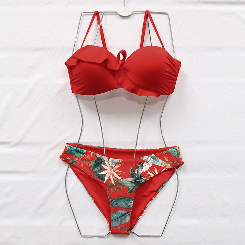 Women's Bikinis Push Up Swimwear Women Swimsuits Red Ruffle Floral Print Bikini Set Women's Ruffle Flounce Triangle Bathing Suits Cute Two Piece Swimsuit Bathing Suit New Summer Bikini Set