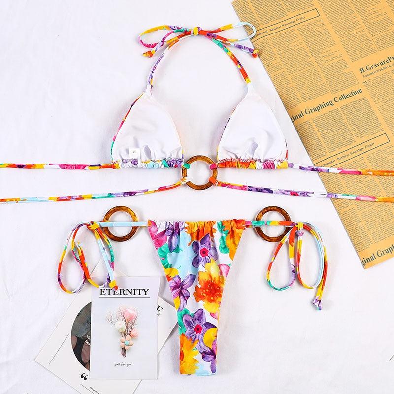 Bikinis Micro Adjustable Swimwear Women Summer Bikini Set Modern Colorful Print Beach Wear Women's Comfortable Swimsuit Knotted String Triangle Bikini Tie Side High Cut Bikini Set