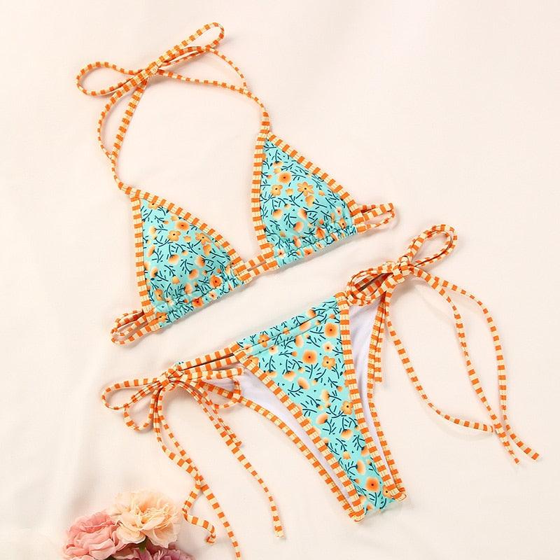 Bikinis Micro Adjustable Swimwear Women Summer Bikini Set Modern Colorful Print Beach Wear Women's Comfortable Swimsuit Knotted String Triangle Bikini Tie Side High Cut Bikini Set