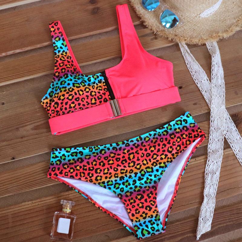 Women Bikini Set Leopard Swimwear Women High Waist String Floral Printed 2 Piece Bathing Suits Women Patchwork Swimsuits Push Up Printed Bikinis Buckle Front Beach Wear