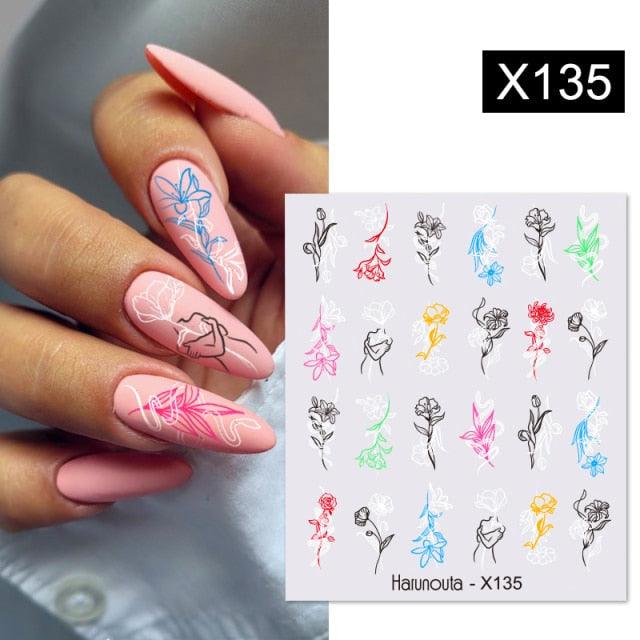 Black Lines Flower Leaves Water Decals Stickers Floral Face Marble Pattern Slider For Nails Summer Nail Art Decoration Summer Stickers on Nails Simple Summer Slider for Manicure Nail Art Watermark Manicure Decor