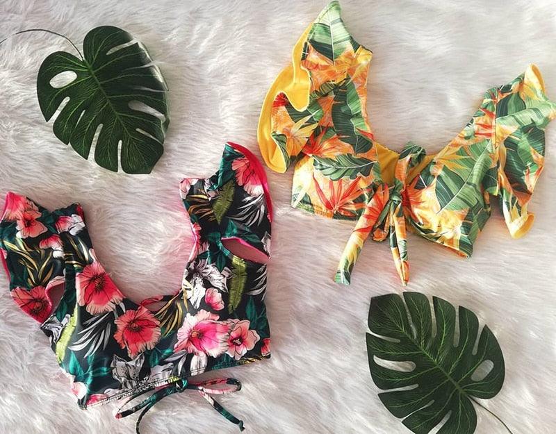 Floral Ruffled Bikini Set Women V-Neck High-Waist Two Piece Swimsuit Girl Beach Bathing Suit Swimwear Women's Triangle Bikini Floral Print Bottom Two Piece Swimsuit