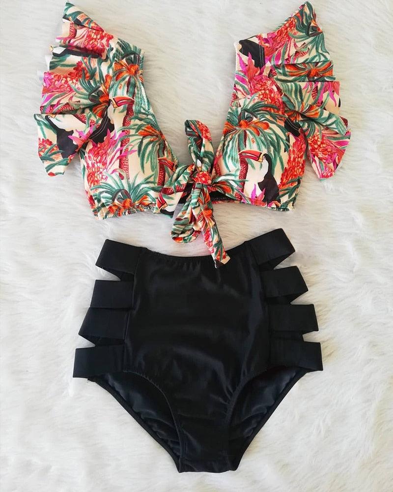 Floral Ruffled Bikini Set Women V-Neck High-Waist Two Piece Swimsuit Girl Beach Bathing Suit Swimwear Women's Triangle Bikini Floral Print Bottom Two Piece Swimsuit