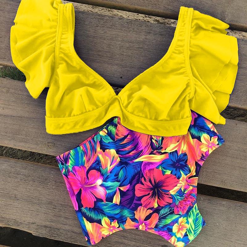 Floral Ruffled Bikini Set Women V-Neck High-Waist Two Piece Swimsuit Girl Beach Bathing Suit Swimwear Women's Triangle Bikini Floral Print Bottom Two Piece Swimsuit