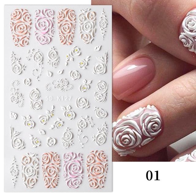 White Embossed Flower Lace 5D Sticker Decal Wedding Nail Art Designs Floral Flower Transfer Decal  Geometry  3D Wave Design Decoration for Women Girls Tape Nail Art Stickers Decal Decoration Geometry Transfer Decals Nail Art Decorations Decoration Decal