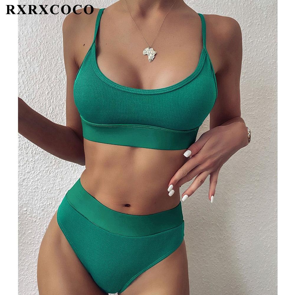 Swimwear Women Ribbed Bathing Suit Female Push Up Bikini Set Women's Bathing Suit Lace up Bikini Ribbed Two Piece Swimsuit Beachwear High Waist Bikini Women's Swimsuit