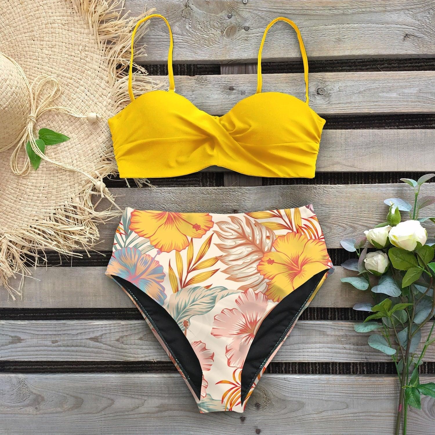 Bikini Swimsuit Women Swimwear Push Up Bikinis Set Leaf Print Female High Waist Swimming Suits For Bathing Suit Women Swimsuit Floral Print Bathing Suit Twist Front High Waist Bikini Set