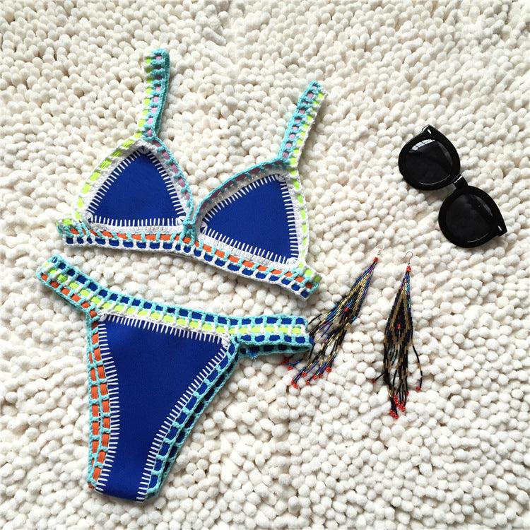 Handmade Women Bikini Crochet Knit Swimwear Halter Patchwork Bathing Suit Women's Swimsuit Strappy Side 2 Piece Bikini Set Triangle Beach Swimwear