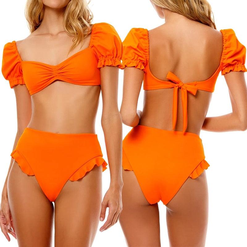 Bikini New 2 Piece Women Swimsuit Women's High Waist Bikini Set Fashion Puff Sleeve Swimwear Set Bathing Suits Solid Color Short Puff Sleeve Summer High Waist Cut Backless Bathing Suit Beachwear