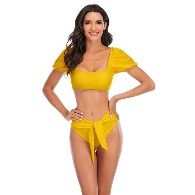 Bikini New 2 Piece Women Swimsuit Women's High Waist Bikini Set Fashion Puff Sleeve Swimwear Set Bathing Suits Solid Color Short Puff Sleeve Summer High Waist Cut Backless Bathing Suit Beachwear