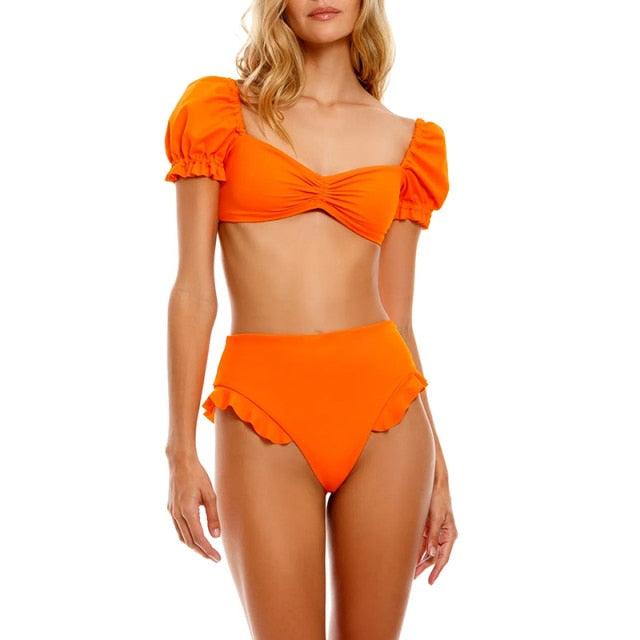 Bikini New 2 Piece Women Swimsuit Women's High Waist Bikini Set Fashion Puff Sleeve Swimwear Set Bathing Suits Solid Color Short Puff Sleeve Summer High Waist Cut Backless Bathing Suit Beachwear