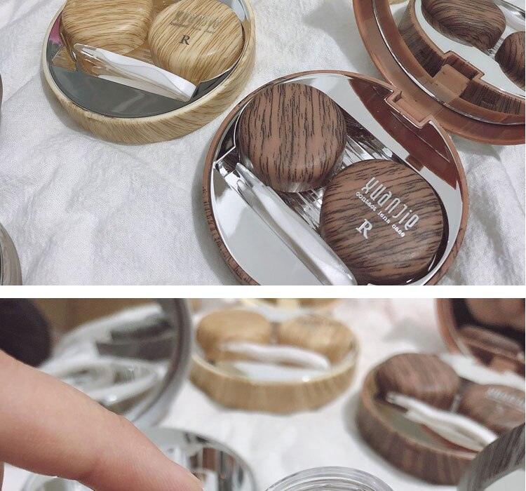 Wood Grain Round Contact Lens Case With Mirror Lens Container Cute Eye Contacts Case Contact Lens Case,Portable Contact Lens Box with Mirror Gight-Capacity Contact Lens Travel Case Dry And Wet Separation Contact Lens Remover Tool With Tweezers