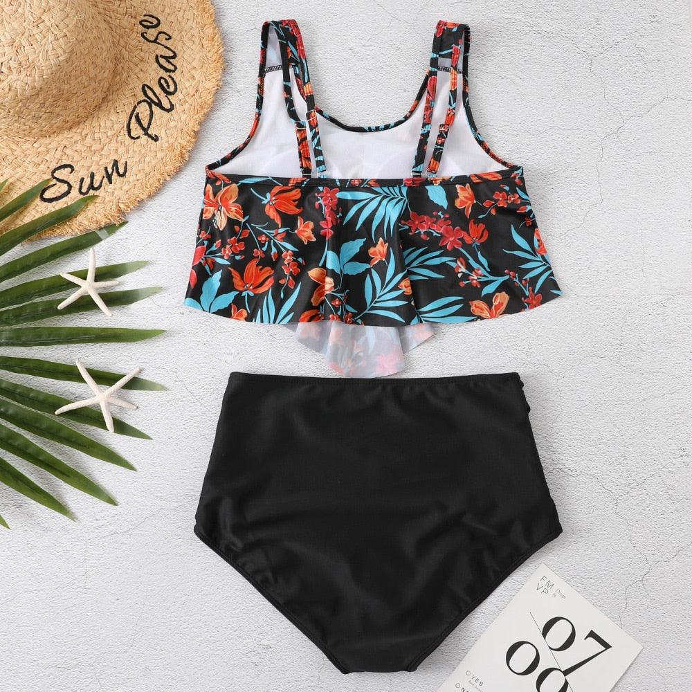 Women High Waist Bikini Plus Size Swimwear Summer Swimsuit Beach Bathing Suit Ruffle Bikini  Floral Printed Ruffle High Waist Bikini Set Women's Tummy Control Bathing Suit Swimsuit Flounce Peplum